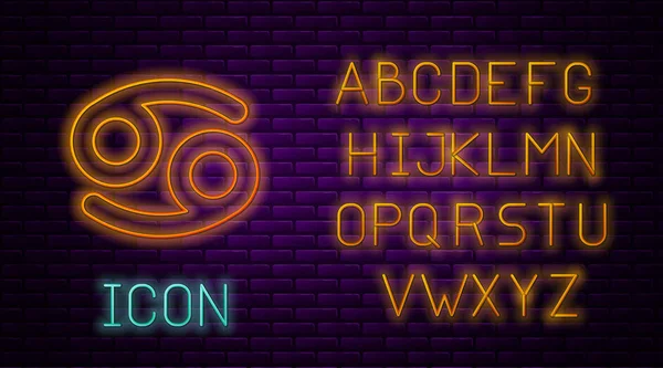 Gloeiende neon lijn Kreeft zodiak teken pictogram geïsoleerd op baksteen muur achtergrond. Astrologische horoscoop collectie. Neon licht alfabet. Vector Illustratie — Stockvector