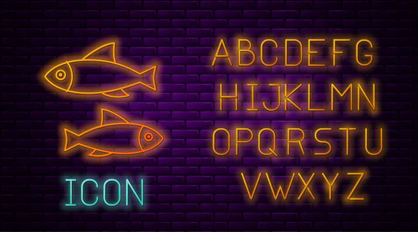 Glowing neon line Fish icon isolated on brick wall background. Neon light alphabet. Vector Illustration — 스톡 벡터