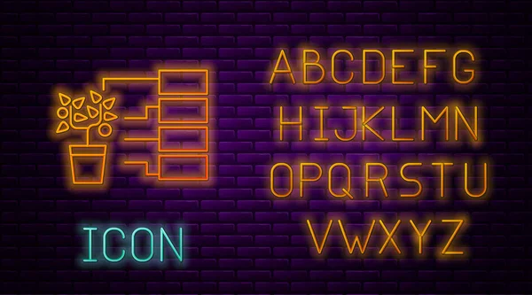 Сяюча неонова лінія Піктограма аналізу квітів ізольована на фоні цегляної стіни. Неоновий легкий алфавіт. Векторна ілюстрація — стоковий вектор