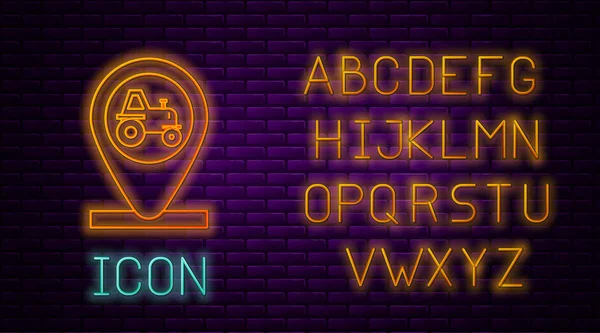 Glowing neon line Tractor and location icon isolated on brick wall background. Neon light alphabet. Vector Illustration — 스톡 벡터