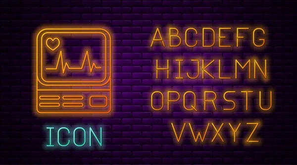 Monitor luminos neon linie calculator cu pictogramă cardiogramă izolat pe fundal de perete de cărămidă. Monitorizarea pictogramei. Monitor ECG cu bătăi de inimă trase de mână. Alfabetul luminos al neonului. Vector Illustration — Vector de stoc