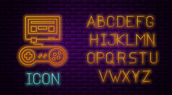 Glowing neon line Video game console with joystick icon isolated on brick wall background. Neon light alphabet. Vector Illustration — 스톡 벡터