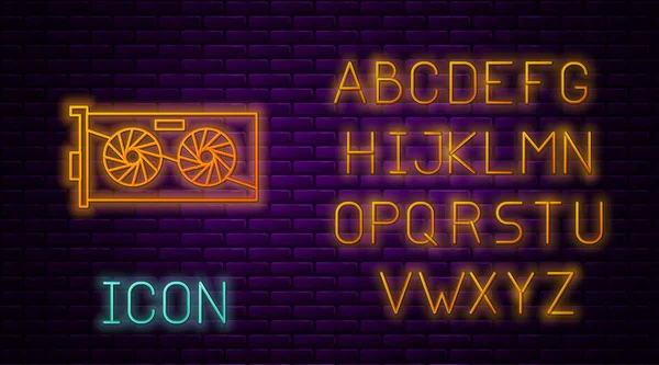 Ragyogó neon vonal Videó grafikus kártya ikon elszigetelt téglafal háttér. Neonfény ábécé. Vektorillusztráció — Stock Vector