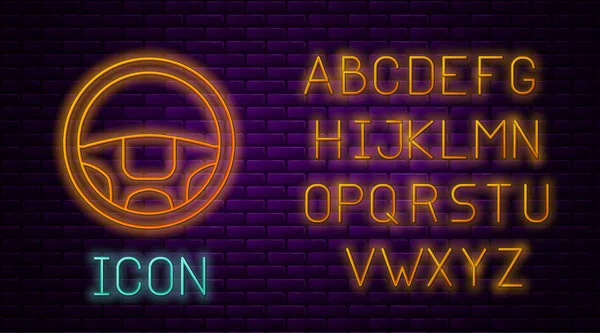 レンガの壁の背景に隔離されたネオンラインステアリングホイールアイコンを光る。車のホイールアイコン。ネオンライトアルファベットベクターイラスト — ストックベクタ