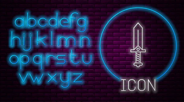 Glowing neon line Sword for game icon isolated on brick wall background. Neon light alphabet. Vector Illustration — 스톡 벡터