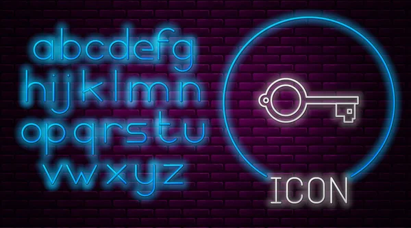 Leuchtende Neon-Linie alten Schlüssel für Spiel-Symbol isoliert auf Backstein-Wand-Hintergrund. Neonlicht-Alphabet. Vektorillustration — Stockvektor