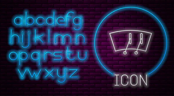 Glowing neon line Windscreen wiper icon isolated on brick wall background. Neon light alphabet. Vector Illustration — 스톡 벡터