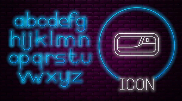 Glowing neon line Car door handle icon isolated on brick wall background. Neon light alphabet. Vector Illustration — 스톡 벡터