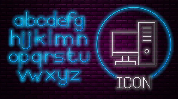 Ragyogó neon vonal Számítógép monitor ikon elszigetelt téglafal háttér. Pc alkatrész jel. Neonfény ábécé. Vektorillusztráció — Stock Vector