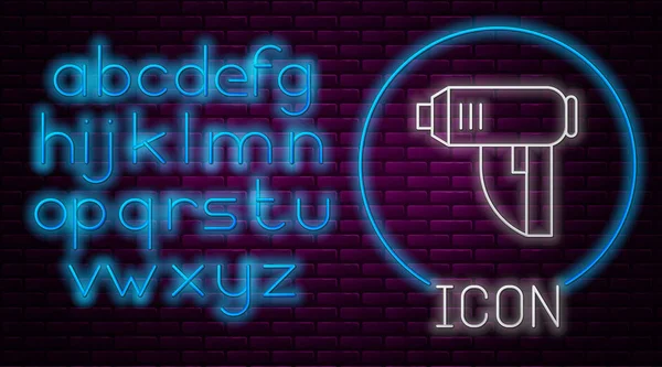 Gloeiende neon lijn Elektrische industriële droger pictogram geïsoleerd op baksteen muur achtergrond. Neon licht alfabet. Vector Illustratie — Stockvector