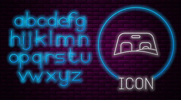 Glowing neon line Car windscreen icon isolated on brick wall background. Neon light alphabet. Vector Illustration — 스톡 벡터
