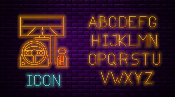 Glowing neon line Racing simulator cockpit icon isolated on brick wall background. Gaming accessory. Gadget for driving simulation game. Neon light alphabet. Vector Illustration — 스톡 벡터