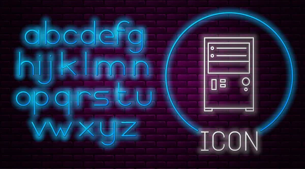 Glowing neon line Computer icon isolated on brick wall background. PC component sign. Neon light alphabet. Vector Illustration — ストックベクタ