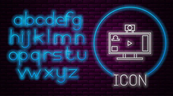 Glowing neon line Live streaming online videogame play icon isolated on brick wall background. Neon light alphabet. Vector Illustration — 스톡 벡터