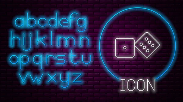 Glowing neon line Game dice icon isolated on brick wall background. Casino gambling. Neon light alphabet. Vector Illustration — 스톡 벡터