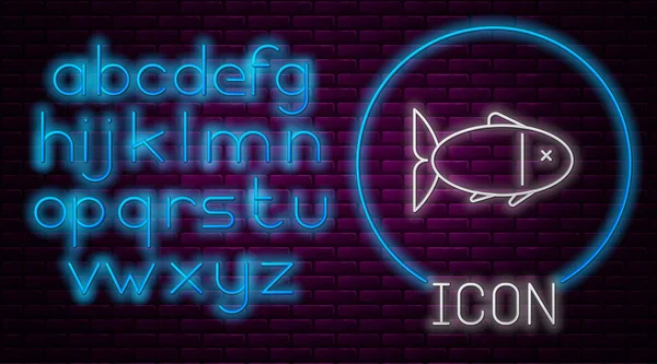 Glowing neon line Fish icon isolated on brick wall background. Neon light alphabet. Vector Illustration — 스톡 벡터