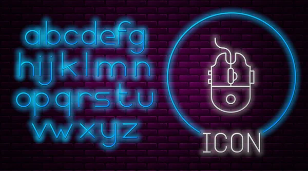 Gloeiende neon lijn Computer muis gaming pictogram geïsoleerd op baksteen muur achtergrond. Optisch met wielsymbool. Neon licht alfabet. Vector Illustratie — Stockvector