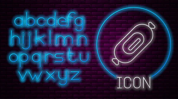 Leuchtende Leuchtschrift Salami Wurst Symbol isoliert auf Backsteinwand Hintergrund. Fleischfeinkostprodukt. Neonlicht-Alphabet. Vektorillustration — Stockvektor