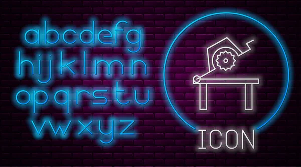 Gloeiende neon lijn Tafelzaag voor houtwerk icoon geïsoleerd op baksteen muur achtergrond. Stroomzaagbank. Neon licht alfabet. Vector Illustratie — Stockvector