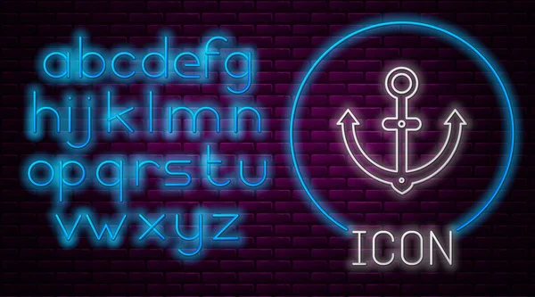 Ragyogó neon vonal Anchor ikon elszigetelt téglafal háttér. Neonfény ábécé. Vektorillusztráció — Stock Vector