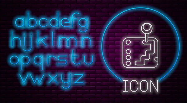 ネオンラインの輝きレンガの壁の背景に隔離されたギアシフターアイコン。送信アイコン。ネオンライトアルファベットベクターイラスト — ストックベクタ