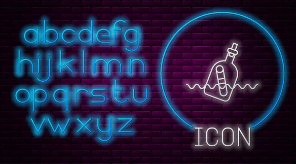 Świecące neon linii Butelka szklana z wiadomością w ikonie wody izolowane na tle cegły ściany. List do butelki. Symbol piratów. Neonowy alfabet świetlny. Ilustracja wektora — Wektor stockowy