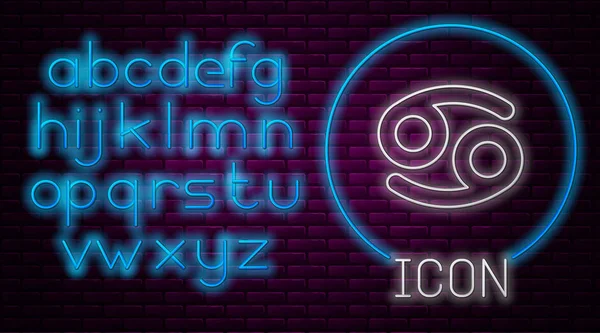 Glowing neon line Cancer zodiac sign icon isolated on brick wall background. Astrological horoscope collection. Neon light alphabet. Vector Illustration — 스톡 벡터