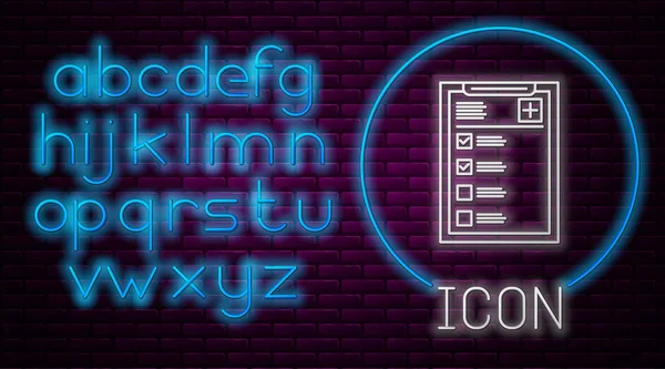 Gloeiende neon lijn Medische klembord met klinische record pictogram op baksteen muur achtergrond. Ziekteverzekeringsformulier. Voorschrift, medisch rapport. Neon licht alfabet. Vector Illustratie — Stockvector