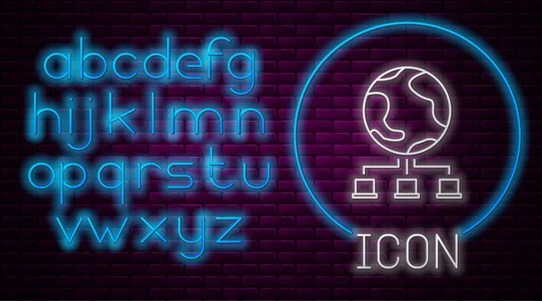 Glowing neon line Computer network icon isolated on brick wall background. Online gaming. Laptop network. Internet connection. Neon light alphabet. Vector Illustration — 스톡 벡터