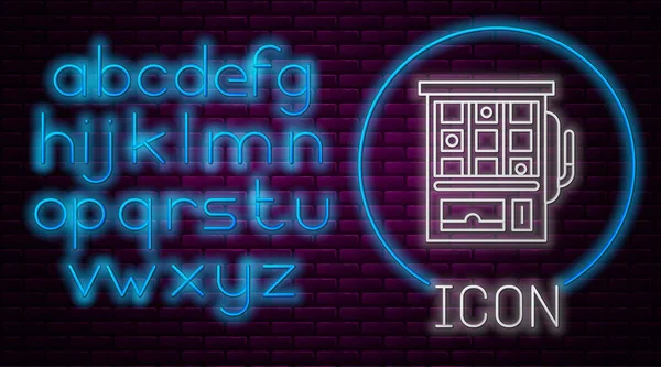 Gloeiende neon lijn Slot machine pictogram geïsoleerd op baksteen muur achtergrond. Neon licht alfabet. Vector Illustratie — Stockvector