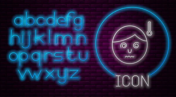 Gloeiende neon lijn Hoge menselijke lichaamstemperatuur of krijg koorts pictogram geïsoleerd op baksteen muur achtergrond. Ziekte, verkoudheid, griepsymptomen. Neon licht alfabet. Vector Illustratie — Stockvector