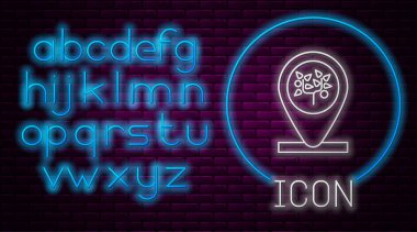 Parlayan neon hattı konumu ve ağaç simgesi tuğla duvar arka planında izole edilmiş. Neon ışıklı alfabe. Vektör İllüstrasyonu