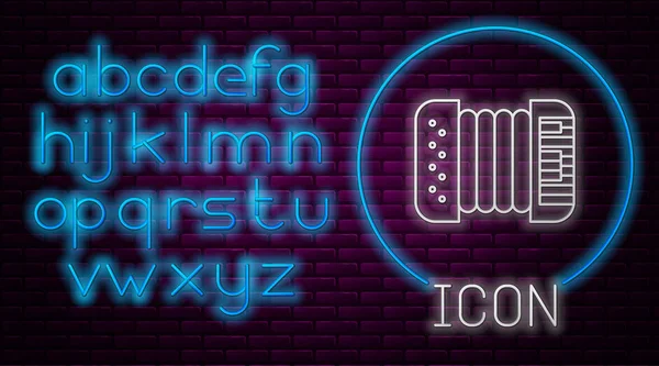Glowing neon line Musical instrument accordion icon isolated on brick wall background. Classical bayan, harmonic. Neon light alphabet. Vector Illustration — 스톡 벡터