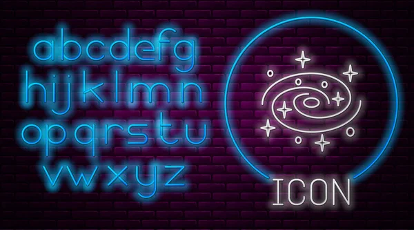 Glowing neon line Milky way spiral galaxy with stars icon isolated on brick wall background. Neon light alphabet. Vector Illustration — 스톡 벡터