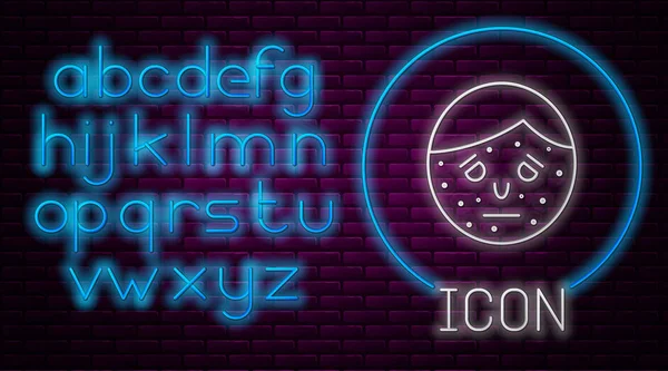 Glowing neon line Face with psoriasis or eczema icon isolated on brick wall background. Concept of human skin response to allergen or chronic body problem. Neon light alphabet. Vector Illustration — 스톡 벡터