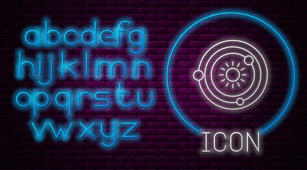 Ragyogó neon vonal Naprendszer ikon elszigetelt téglafal háttér. A bolygók a csillag körül keringenek. Neonfény ábécé. Vektorillusztráció — Stock Vector