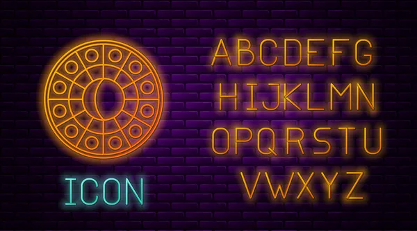 Leuchtende Neon-Linie-Astrologie-Horoskop-Kreis mit Tierkreiszeichen isoliert auf Backsteinwand Hintergrund. Neonlicht-Alphabet. Vektorillustration — Stockvektor