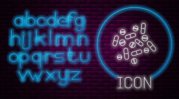 Leuchtende Neon-Linie Medikamentenpille oder Tablet-Symbol isoliert auf Ziegelwand Hintergrund. Kapselpille und Medikamentenzeichen. Apothekendesign. Neonlicht-Alphabet. Vektorillustration — Stockvektor