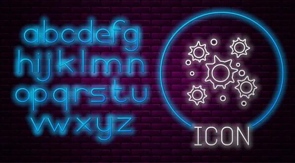 Linha de néon brilhante Ícone de bactérias isolado no fundo da parede de tijolo. Bactérias e germes, causadores de doenças de microrganismos, câncer de células, micróbios, vírus, fungos. Alfabeto claro de néon. Ilustração vetorial — Vetor de Stock