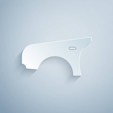 Kağıt kesiği araba çamurluğu ikonu gri arka planda izole edilmiş. Kağıt sanatı tarzı. Vektör İllüstrasyonu