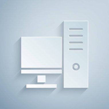 Kağıt kesiği Bilgisayar monitörü simgesi gri arkaplanda izole edildi. Bilgisayar bileşeni işareti. Kağıt sanatı tarzı. Vektör İllüstrasyonu