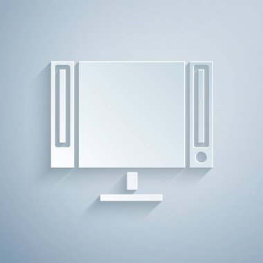 Kağıt kesiği Akıllı TV simgesi gri arkaplanda izole edildi. Televizyon tabelası. Kağıt sanatı tarzı. Vektör İllüstrasyonu