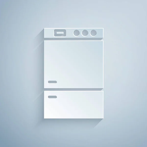 Paper cut Refrigerator icon isolated on grey background. Fridge freezer refrigerator. Household tech and appliances. Paper art style. Vector Illustration — Stock Vector