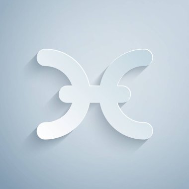 Kağıt kesiği Balık burcu simgesi gri arka planda izole edilmiş. Astrolojik yıldız falı koleksiyonu. Kağıt sanatı tarzı. Vektör İllüstrasyonu