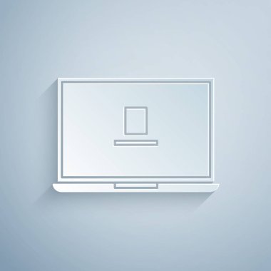 Kağıt kesiği Laptop simgesi gri arkaplanda izole edildi. Boş ekran işaretli bilgisayar defteri. Kağıt sanatı tarzı. Vektör İllüstrasyonu