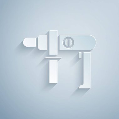 Kağıt kesiği elektrikli matkap simgesi gri arkaplanda izole edilmiş. Tamir aleti. Kağıt sanatı tarzı. Vektör İllüstrasyonu