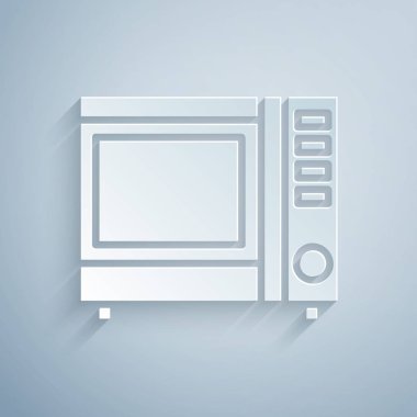 Kağıt kesiği mikrodalga fırın ikonu gri arka planda izole edilmiş. Ev aletleri simgesi. Kağıt sanatı tarzı. Vektör İllüstrasyonu