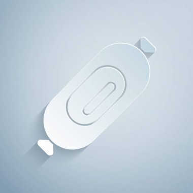 Kağıt kesiği, gri arkaplanda izole edilmiş salam sosisi simgesi. Et şarküteri ürünü. Kağıt sanatı tarzı. Vektör İllüstrasyonu