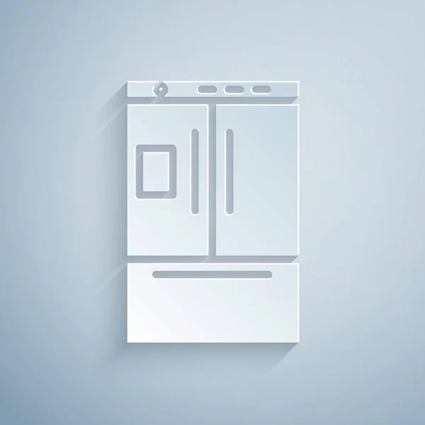 Paper cut Refrigerator icon isolated on grey background. Fridge freezer refrigerator. Household tech and appliances. Paper art style. Vector Illustration — Stock Vector