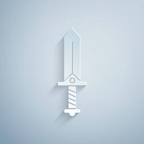 Paper cut Sword for game icon isolated on grey background. Paper art style. Vector Illustration — 스톡 벡터